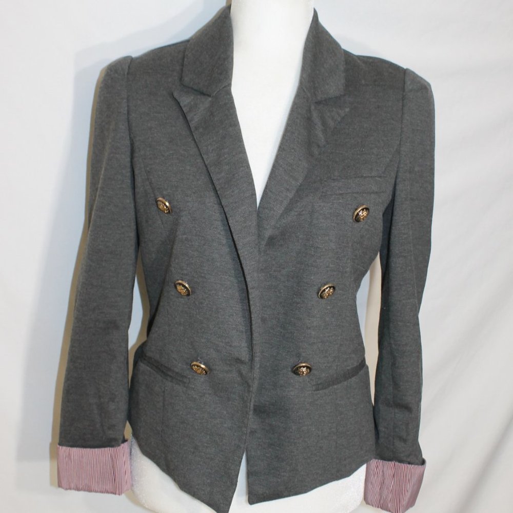Charming Charlie Women's Blazer Charcoal Gray Small Double-Breasted Gold Buttons